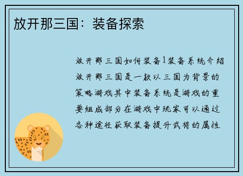 放开那三国：装备探索